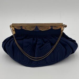 Vintage Early-Mid 1900’s Blue Silk Clutch w/ Brass Accents & Cobalt Glass Stones